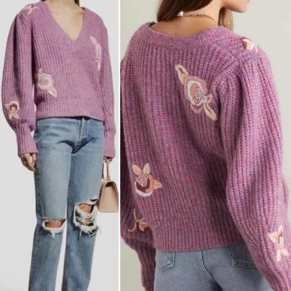 NWT LoveShackFancy Chunky Ridge Sweater with Floral Embroidery in Berry Size SM - Picture 3 of 15